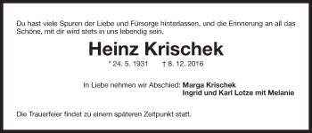 Traueranzeige von Heinz Krischek von Der Bote