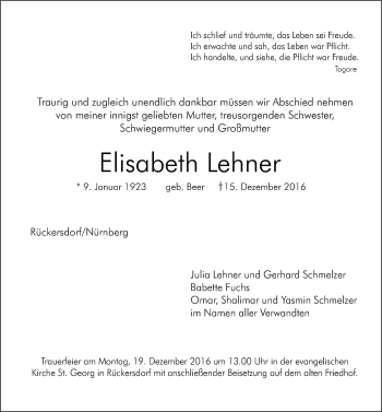 Traueranzeige von Elisabeth Lehner von Pegnitz-Zeitung