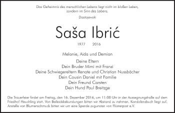 Traueranzeige von Sasa Ibric von Pegnitz-Zeitung