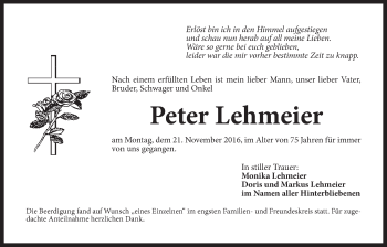 Traueranzeige von Peter Lehmeier von N-Land