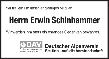 Traueranzeige von Erwin Schinhammer von Pegnitz-Zeitung