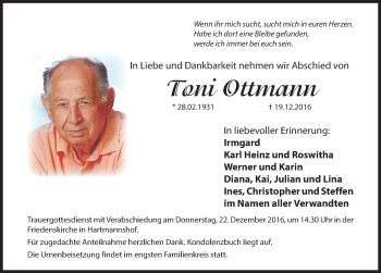 Traueranzeige von Toni Ottmann von Hersbrucker Zeitung