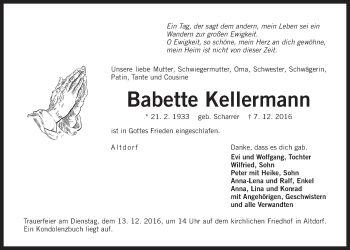Traueranzeige von Babette Kellermann von Der Bote