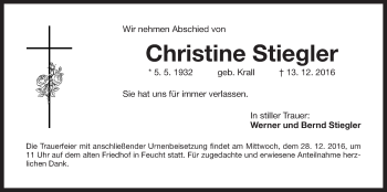 Traueranzeige von Christine Stiegler von Der Bote