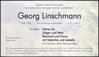 Traueranzeige von Georg Linschmann von Pegnitz-Zeitung