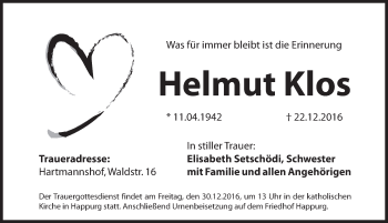 Traueranzeige von Helmut Klos von Hersbrucker Zeitung