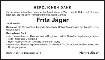 Traueranzeige von Fritz Jäger von Der Bote