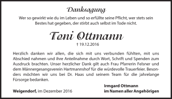 Traueranzeige von Toni Ottmann von Hersbrucker Zeitung