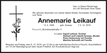 Traueranzeige von Annemarie Leikauf von Der Bote