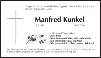 Traueranzeige von Manfred Kunkel von Pegnitz-Zeitung