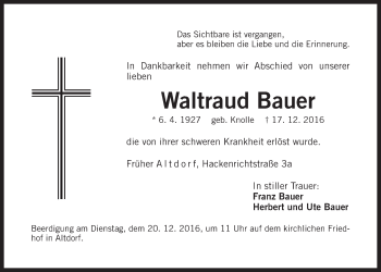 Traueranzeige von Waltraud Bauer von Der Bote