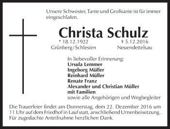 Traueranzeige von Christa Schulz von Pegnitz-Zeitung