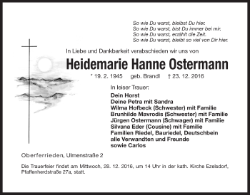 Traueranzeige von Heidemarie Hanne Ostermann von Der Bote