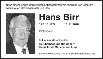 Traueranzeige von Hans Birr von Hersbrucker Zeitung