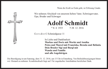 Traueranzeige von Adolf Schmidt von Der Bote