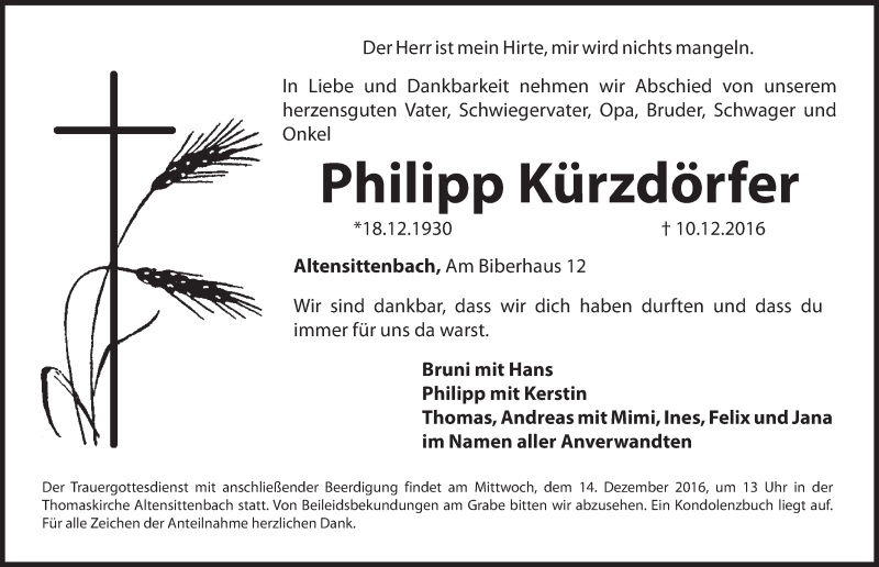  Traueranzeige für Philipp Kürzdörfer vom 13.12.2016 aus Hersbrucker Zeitung