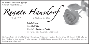 Traueranzeige von Renate Hausdorf von Pegnitz-Zeitung