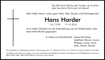 Traueranzeige von Hans Harder von Pegnitz-Zeitung