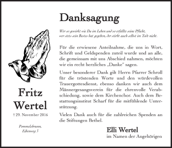 Traueranzeige von Fritz Wertel von Hersbrucker Zeitung