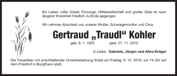 Traueranzeige von Gertraud Kohler von N-Land