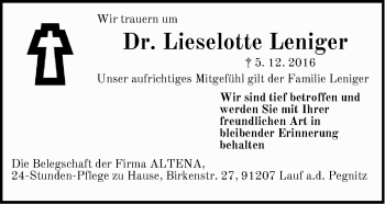 Traueranzeige von Lieselotte Leniger von Pegnitz-Zeitung