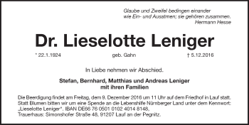 Traueranzeige von Lieselotte Leniger von Pegnitz-Zeitung