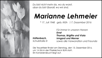 Traueranzeige von Marianne Lehmeier von Pegnitz-Zeitung