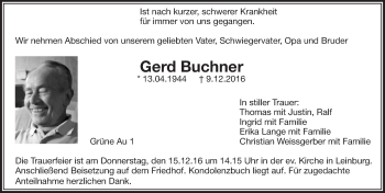Traueranzeige von Gerd Buchner von Pegnitz-Zeitung
