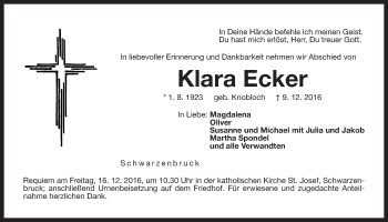 Traueranzeige von Klara Ecker von Der Bote