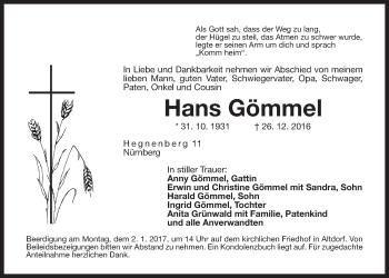 Traueranzeige von Hans Gömmel von Der Bote