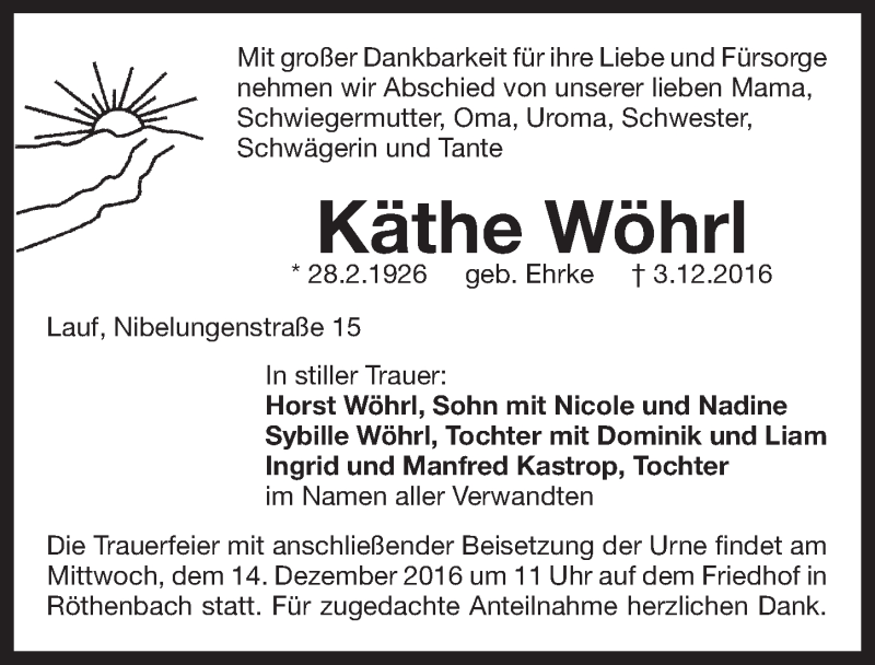  Traueranzeige für Käthe Wöhrl vom 10.12.2016 aus Pegnitz-Zeitung