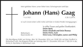 Traueranzeige von Johann Gaag von Pegnitz-Zeitung