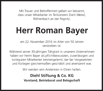 Traueranzeige von Roman Bayer von Hersbrucker Zeitung
