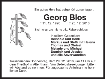 Traueranzeige von Georg Blos von Der Bote