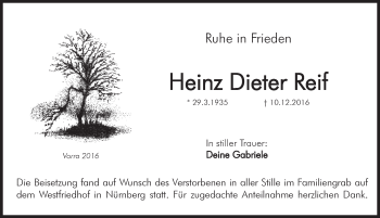 Traueranzeige von Heinz Dieter Reif von Hersbrucker Zeitung