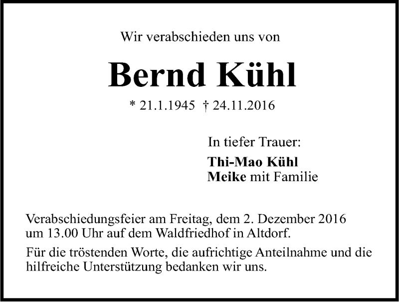  Traueranzeige für Bernd Kühl vom 01.12.2016 aus Der Bote