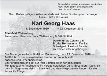 Traueranzeige von Karl Georg Haas von Hersbrucker Zeitung