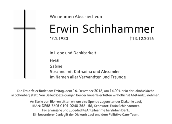 Traueranzeige von Erwin Schinhammer von Pegnitz-Zeitung