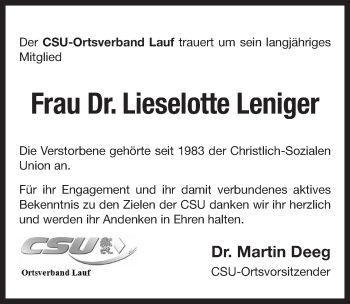 Traueranzeige von Lieselotte Leniger von Pegnitz-Zeitung