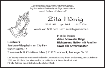 Traueranzeige von Zita Hönig von Hersbrucker Zeitung