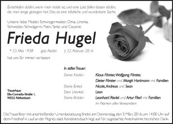 Traueranzeige von Frieda Hugel von Pegnitz-Zeitung