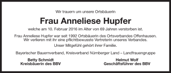 Traueranzeige von Anneliese Hupfer von Der Bote