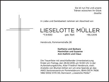 Traueranzeige von Lieselotte Müller von Hersbrucker Zeitung