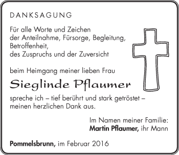 Traueranzeige von Sieglinde Pflaumer von Hersbrucker Zeitung