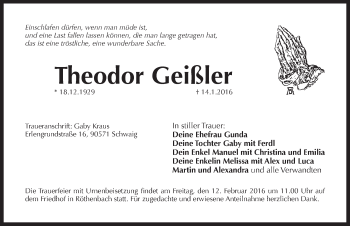 Traueranzeige von Theodor Geißler von Pegnitz-Zeitung