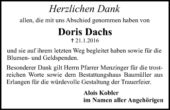 Traueranzeige von Doris Dachs von Pegnitz-Zeitung