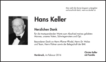 Traueranzeige von Hans Keller von Hersbrucker Zeitung