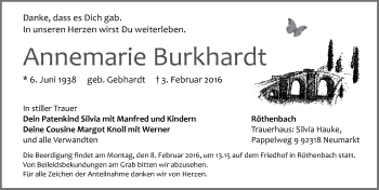 Traueranzeige von Annemarie Burkhardt von Pegnitz-Zeitung