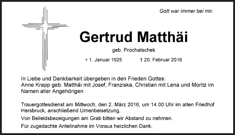  Traueranzeige für Gertrud Matthäi vom 27.02.2016 aus Hersbrucker Zeitung