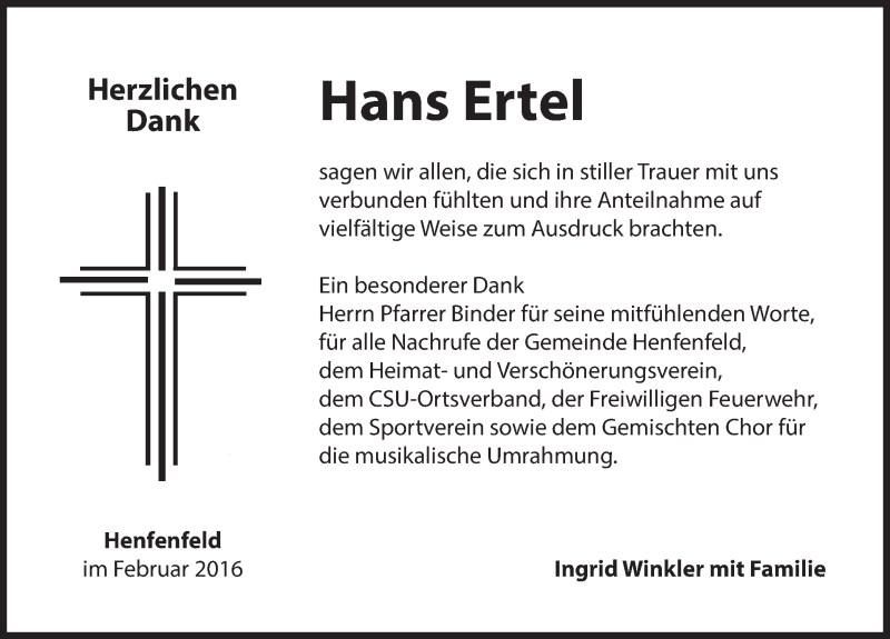  Traueranzeige für Hans Ertel vom 20.02.2016 aus Hersbrucker Zeitung
